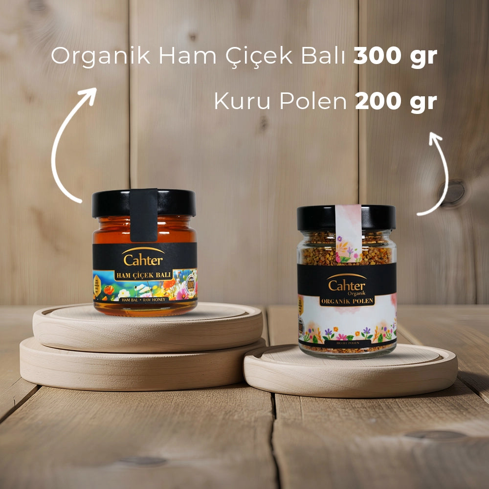 Organik Süzme Ham Çiçek Balı (300 gr) + Kuru Polen (200 gr)
