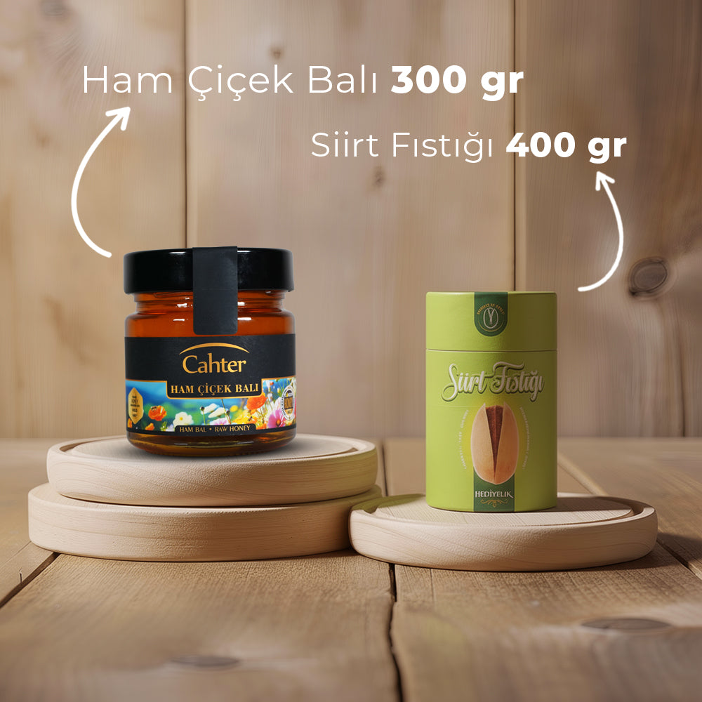 Süzme Ham Çiçek Balı (300 gr) + Siirt Fıstığı (400 gr)