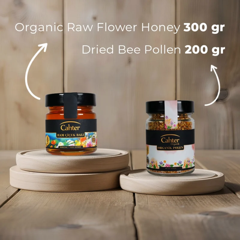 Organic Raw Flower Honey (300 gr) + Dried Bee Pollen (200 gr)