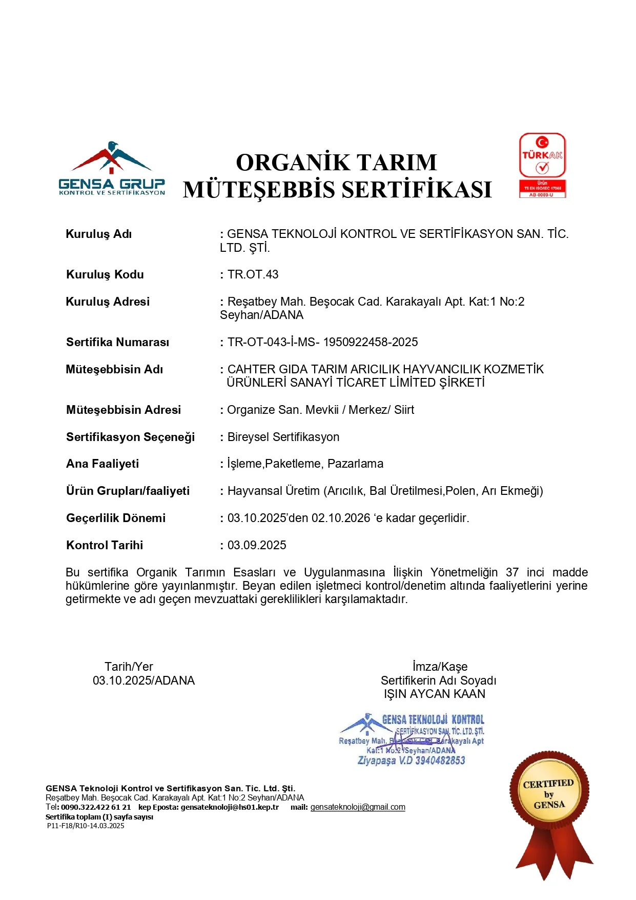 organik tarım m&uuml;teşebbis sertifikası